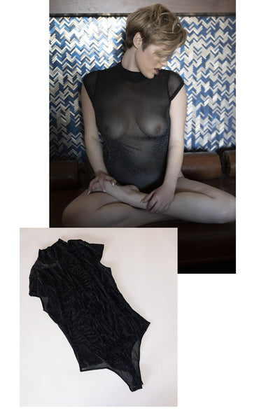 Beau's black see-through one-piece worn in her photo shoot for STRIPLV Magazine