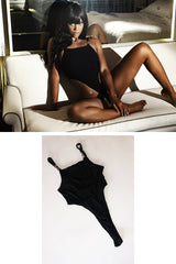 Charrdonnay Young black one-piece worn in her shoot with STRIPLV Magazine