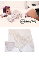 Charrdonnay Young lace hoodie and white panties worn in her shoot with STRIPLV Magazine