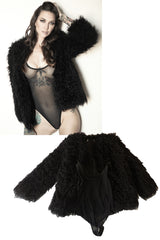 Rocky Emerson's faux fur jacket and black one-piece worn in her photoshoot for STRIPLV Magazine