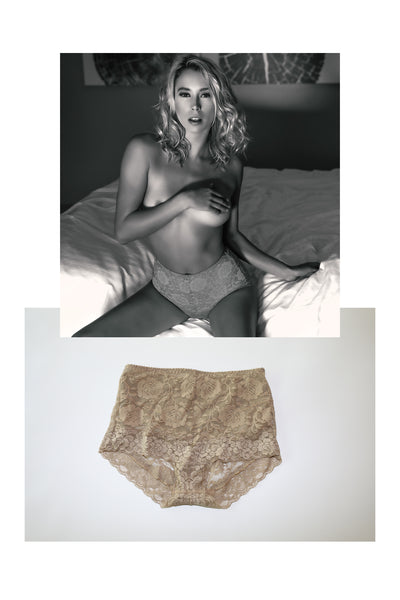 Samantha Mathias' high-waisted lace panties worn in her photo shoot for STRIPLV Magazine